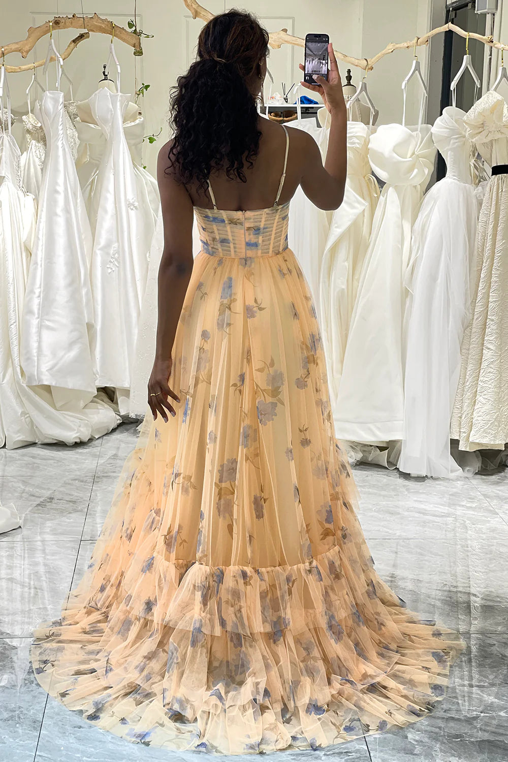 Cute A Line Spaghetti Straps Long Print Tulle Prom Dress