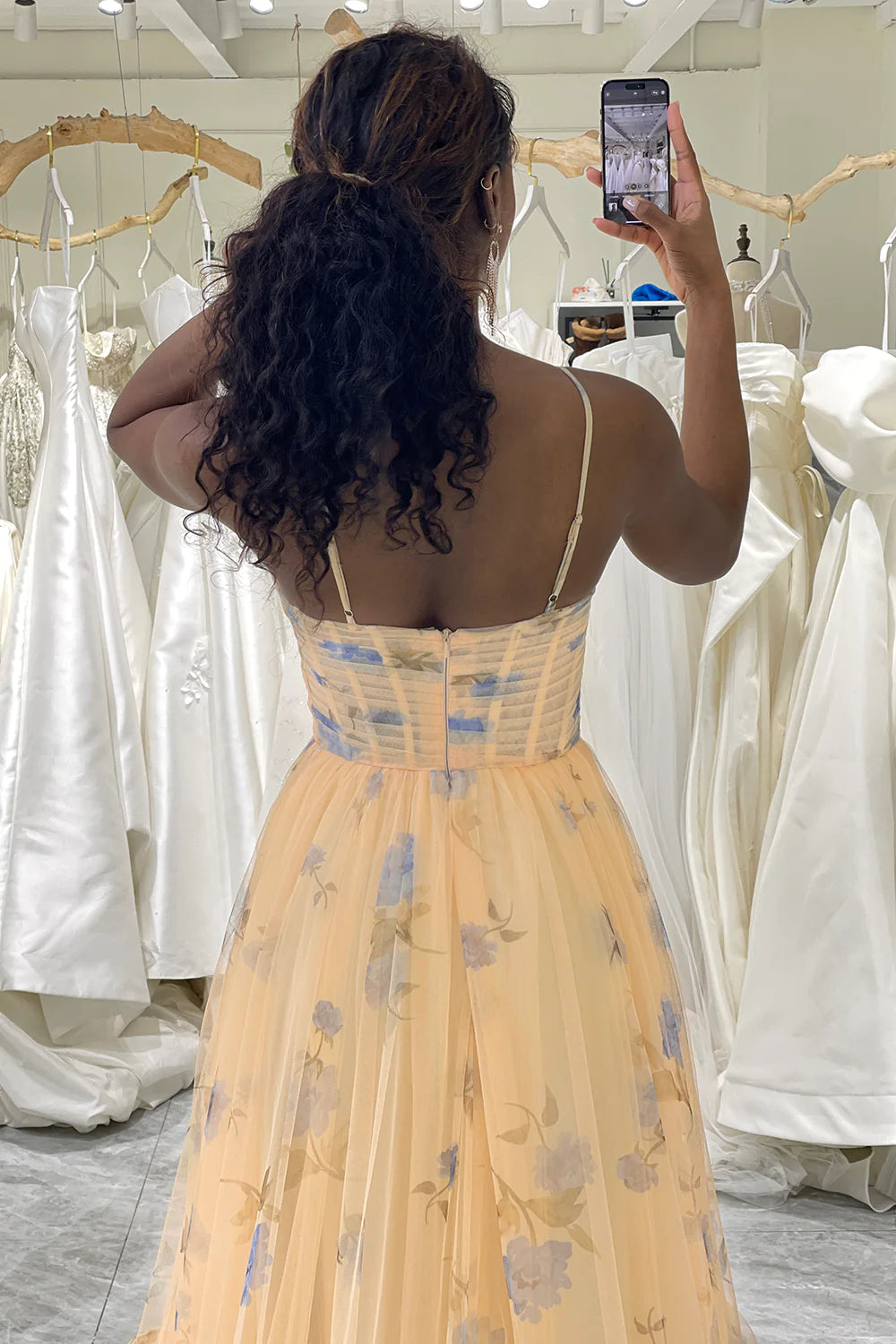 Cute A Line Spaghetti Straps Long Print Tulle Prom Dress