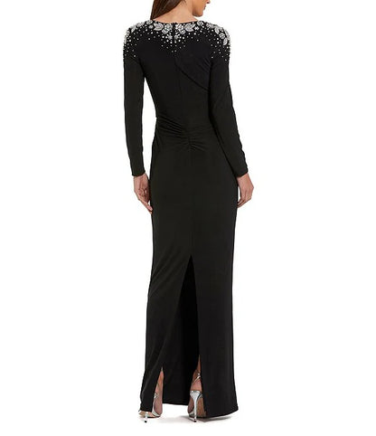 V-Neck Twist Front Beaded Shoulder Jersey Gown Wedding Guest Party Dresses