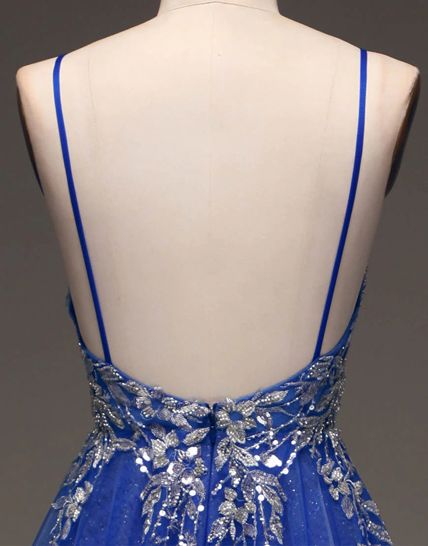 Royal Blue Spaghetti Straps Long Glitter A-Line Tulle Prom Dress