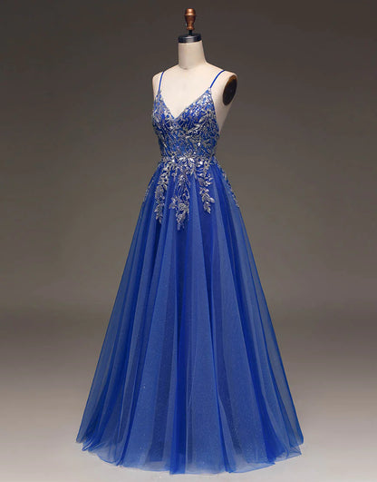 Royal Blue Spaghetti Straps Long Glitter A-Line Tulle Prom Dress