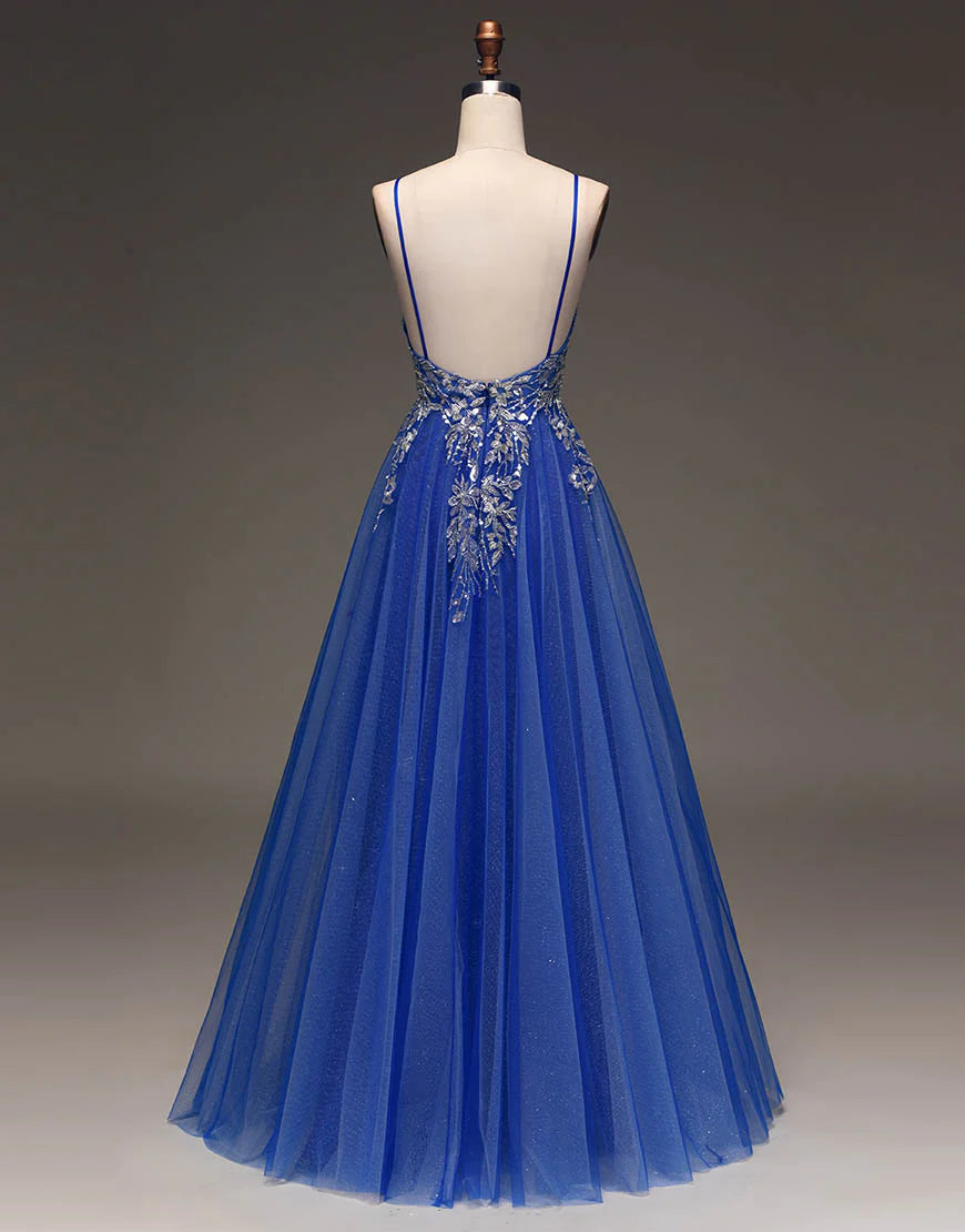 Royal Blue Spaghetti Straps Long Glitter A-Line Tulle Prom Dress