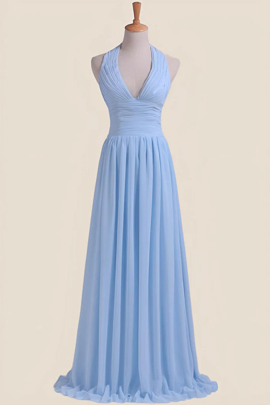 Halter Light Blue Chiffon A-line Long Bridesmaid Dress Floor-length Prom Dresses