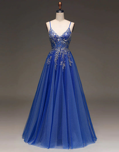 Royal Blue Spaghetti Straps Long Glitter A-Line Tulle Prom Dress