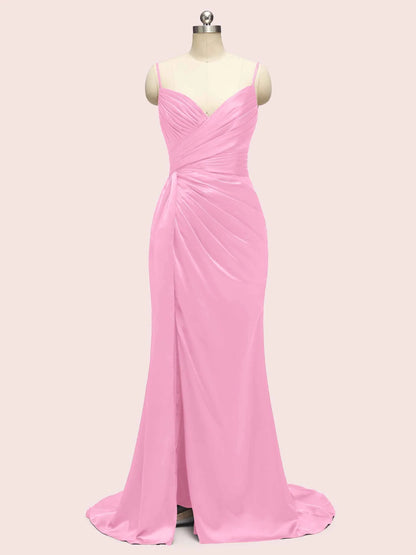 Sexy Mermaid Spaghetti Strap Long Side Slit Soft Satin Bridesmaid Dresses Online