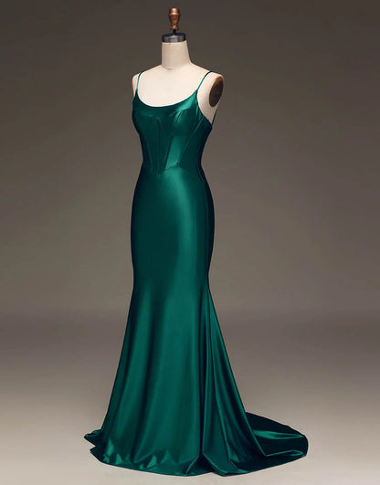 Simple Dark Green Spaghetti Straps Lace Up Long Tight Satin Prom Dress