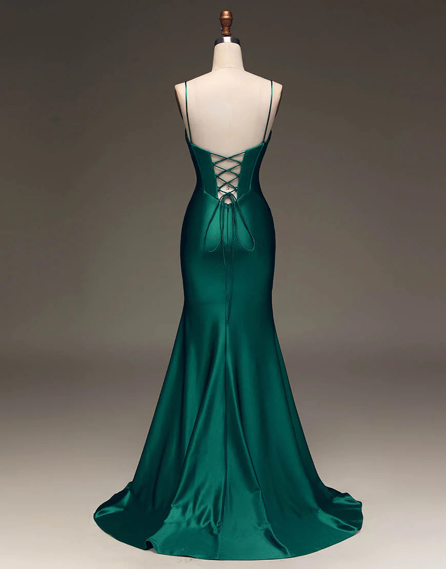 Simple Dark Green Spaghetti Straps Lace Up Long Tight Satin Prom Dress