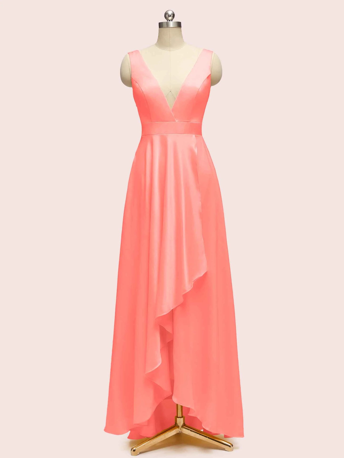 High Low Sleeveless V-Neck A-Line Unique Soft Satin Bridesmaid Dresses Online