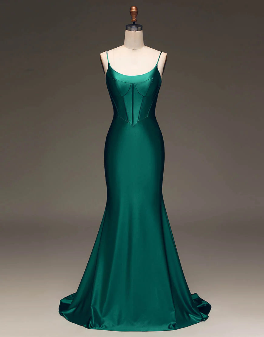 Simple Dark Green Spaghetti Straps Lace Up Long Tight Satin Prom Dress