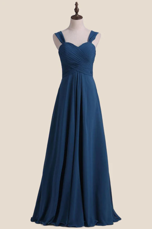 Straps Navy Pleated Chiffon A-line Bridesmaid Dress Floor-length Wedding Guest Party Dresses