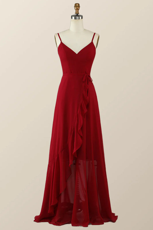 A-Line Spaghetti Strap Wine Red Chiffon Wrap Ruffle Long Bridesmaid Dress