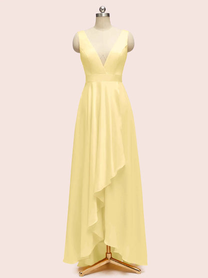 High Low Sleeveless V-Neck A-Line Unique Soft Satin Bridesmaid Dresses Online