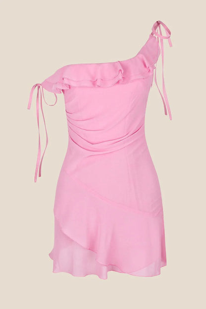 One Shoulder Pink Ruffle Chiffon Party Dress