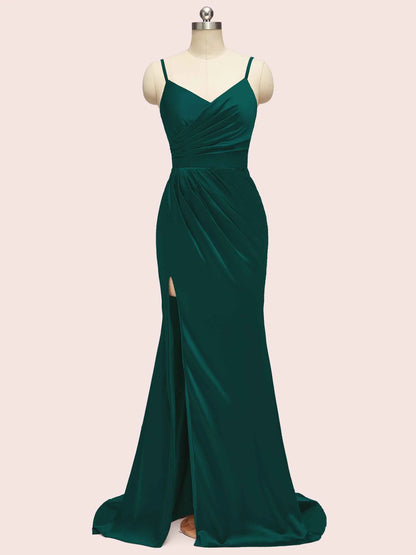 Elegant Spaghetti Straps Mermaid Long Soft Satin Bridesmaid Dresses Online