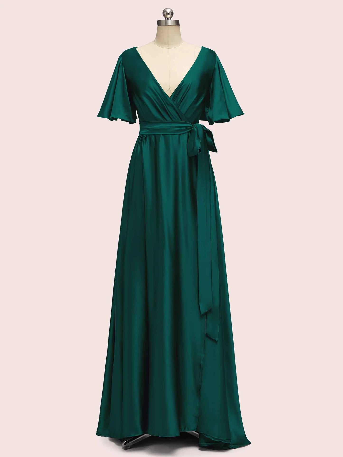 Elegant V-Neck A-Line Long Soft Satin Short Sleeve Bridesmaid Dresses