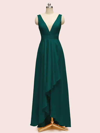 High Low Sleeveless V-Neck A-Line Unique Soft Satin Bridesmaid Dresses Online