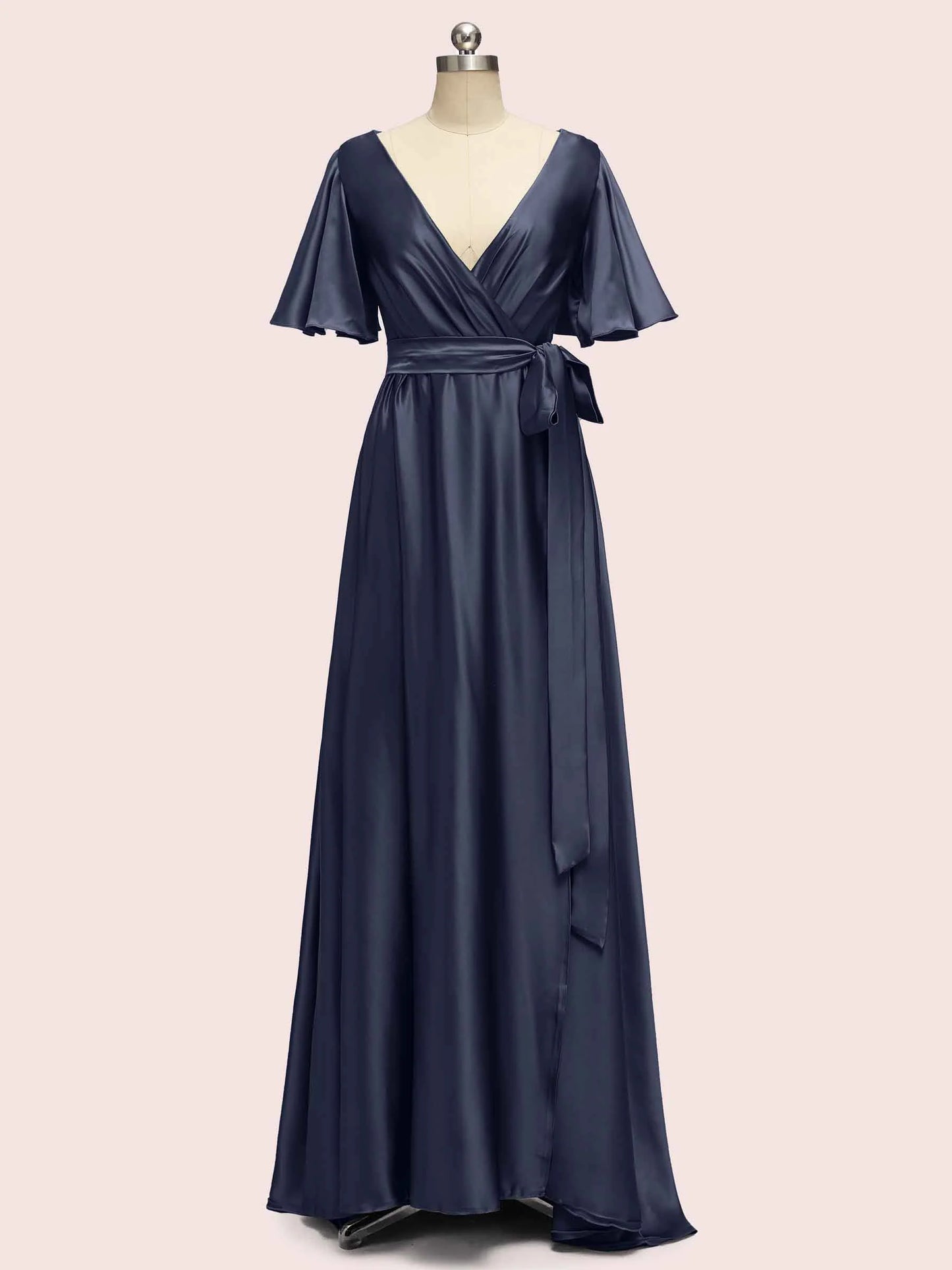 Elegant V-Neck A-Line Long Soft Satin Short Sleeve Bridesmaid Dresses