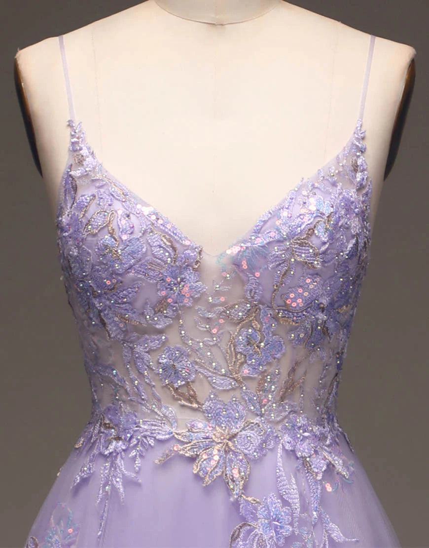 Romantic A-Line Purple Long Glitter Prom Dress With Appliques