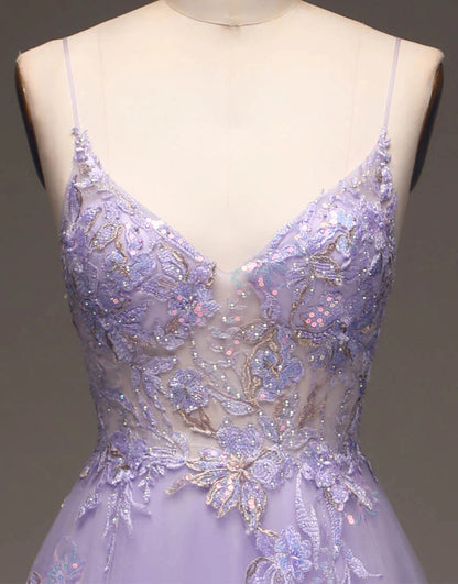 Romantic A-Line Purple Long Glitter Prom Dress With Appliques