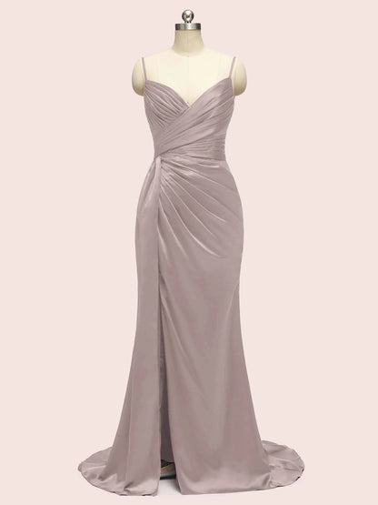 Sexy Mermaid Spaghetti Strap Long Side Slit Soft Satin Bridesmaid Dresses Online