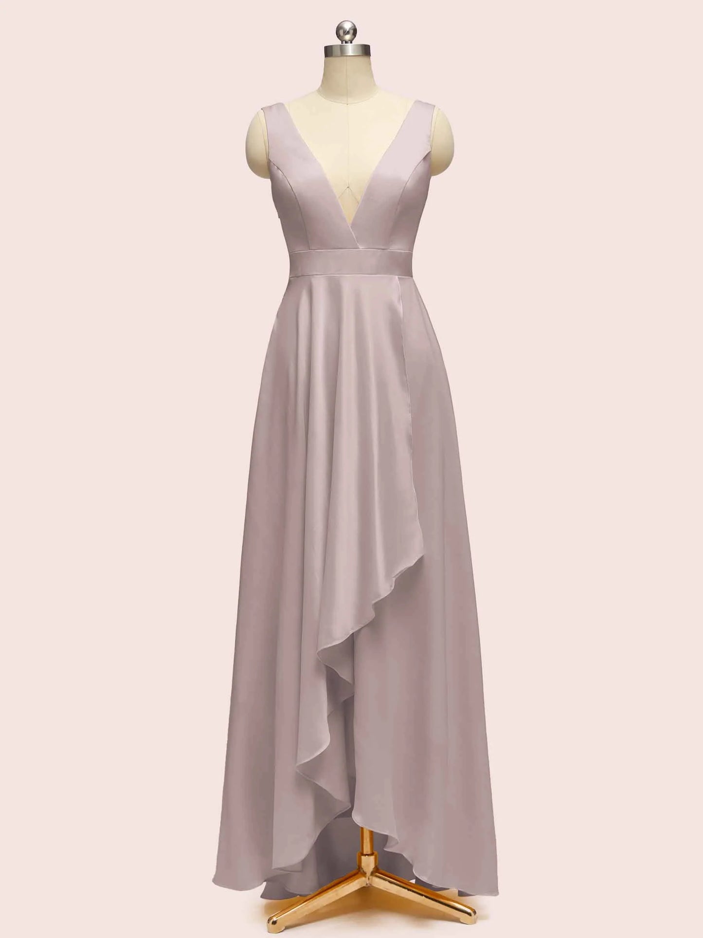 High Low Sleeveless V-Neck A-Line Unique Soft Satin Bridesmaid Dresses Online