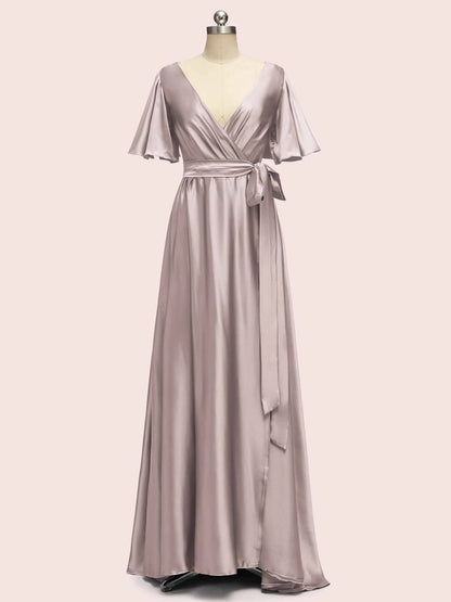 Elegant V-Neck A-Line Long Soft Satin Short Sleeve Bridesmaid Dresses