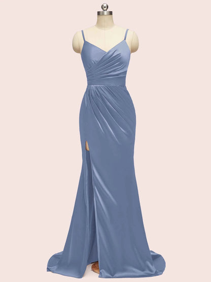 Elegant Spaghetti Straps Mermaid Long Soft Satin Bridesmaid Dresses Online