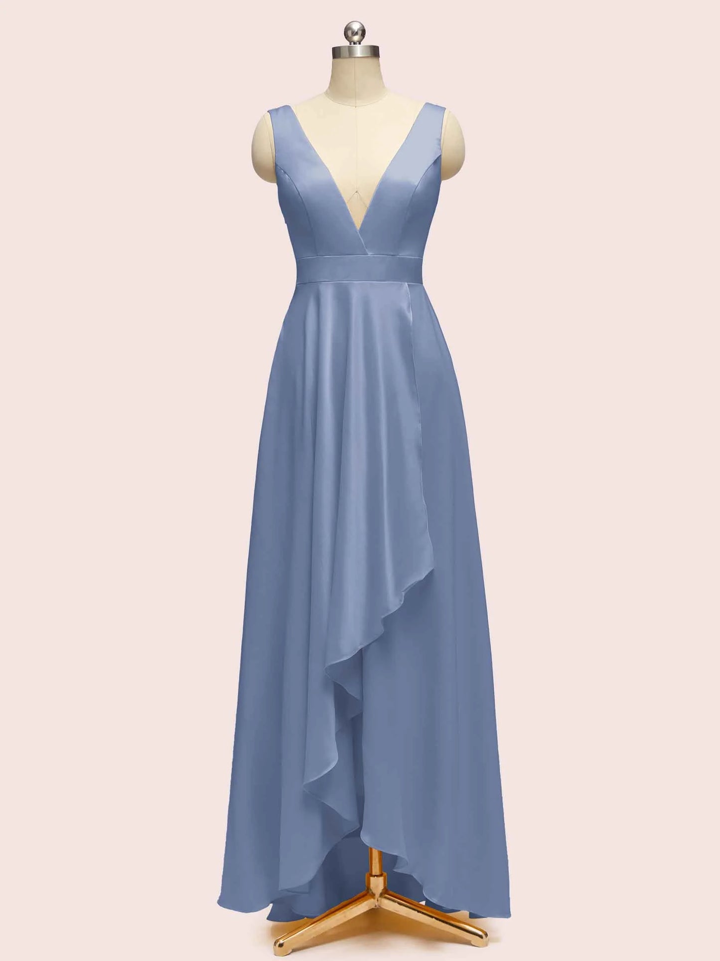 High Low Sleeveless V-Neck A-Line Unique Soft Satin Bridesmaid Dresses Online