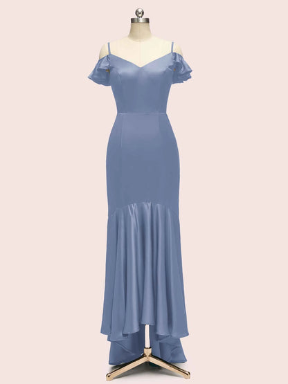 Sexy Cold Shoulder High Low Asymmetric Soft Satin Bridesmaid Dresses Online