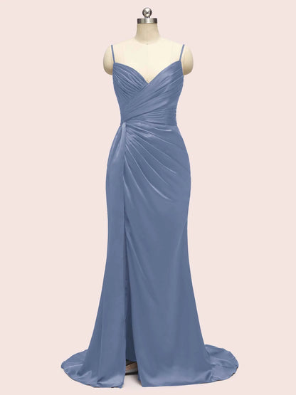 Sexy Mermaid Spaghetti Strap Long Side Slit Soft Satin Bridesmaid Dresses Online