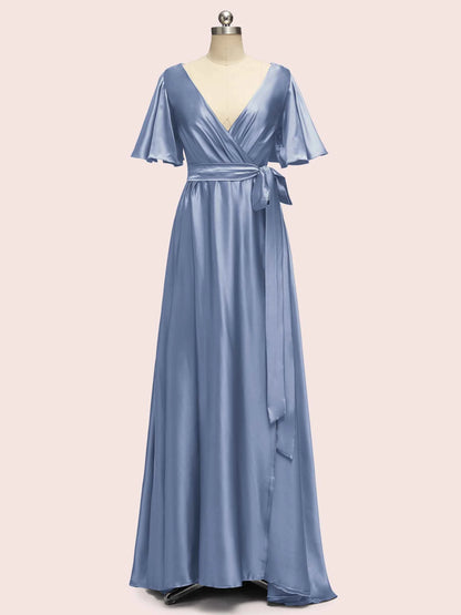 Elegant V-Neck A-Line Long Soft Satin Short Sleeve Bridesmaid Dresses