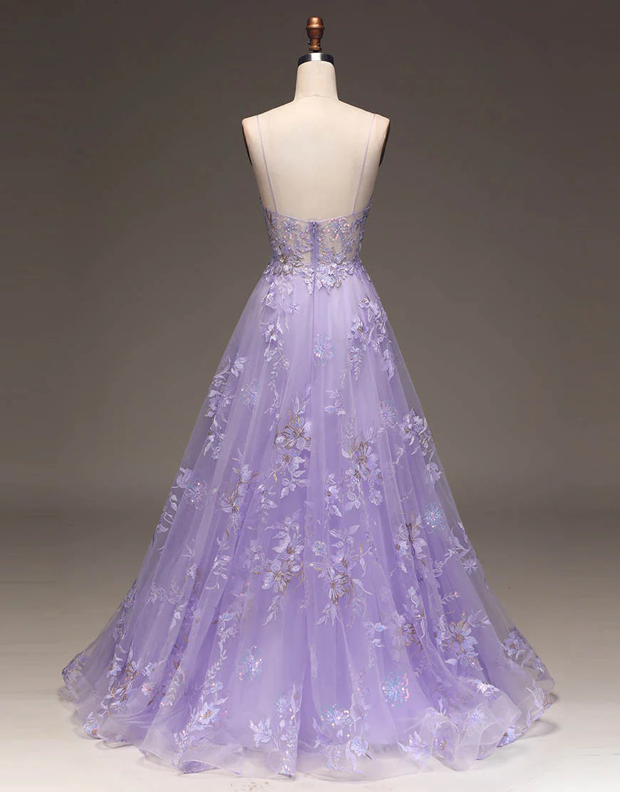 Romantic A-Line Purple Long Glitter Prom Dress With Appliques