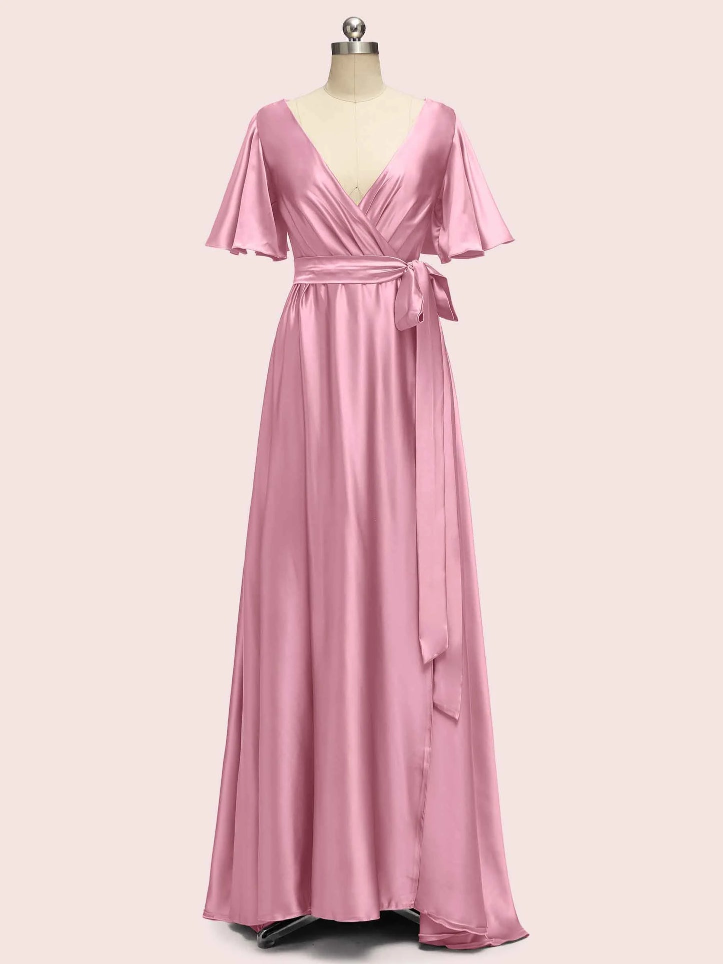 Elegant V-Neck A-Line Long Soft Satin Short Sleeve Bridesmaid Dresses