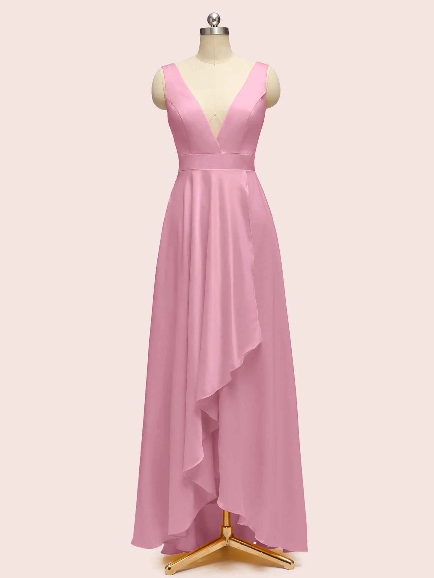 High Low Sleeveless V-Neck A-Line Unique Soft Satin Bridesmaid Dresses Online