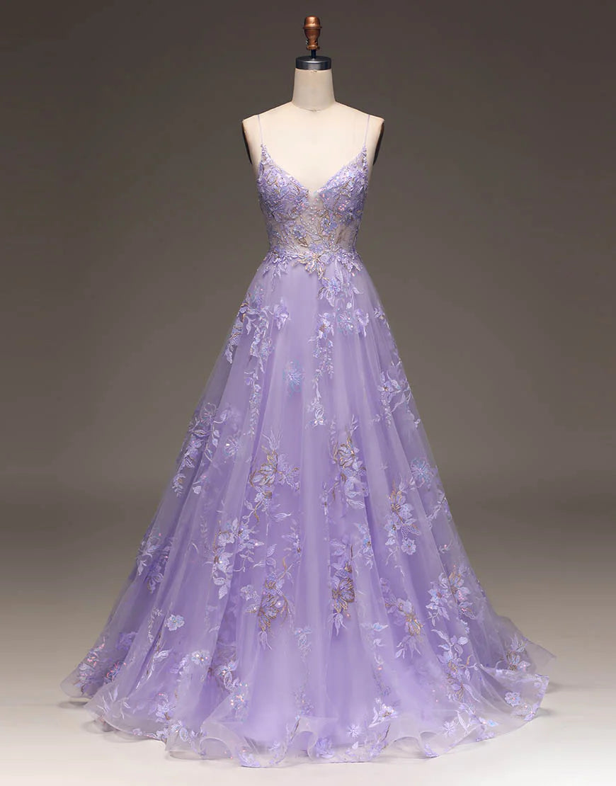 Romantic A-Line Purple Long Glitter Prom Dress With Appliques