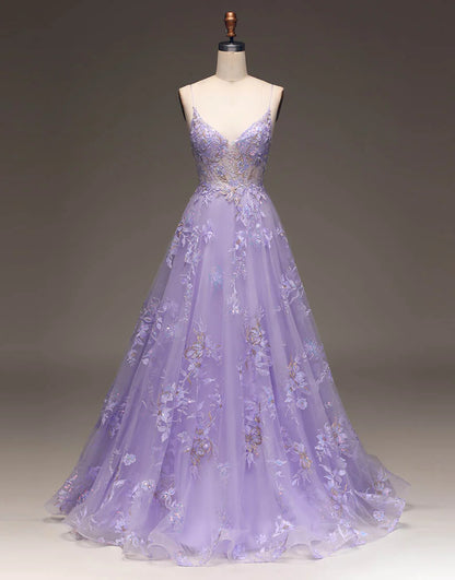 Romantic A-Line Purple Long Glitter Prom Dress With Appliques