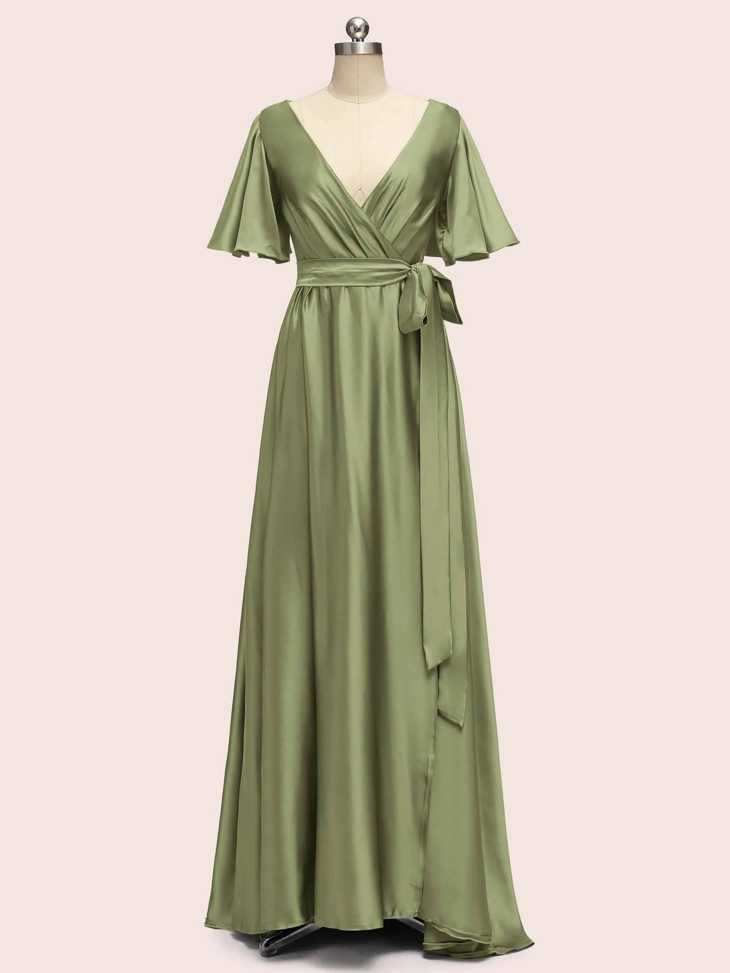 Elegant V-Neck A-Line Long Soft Satin Short Sleeve Bridesmaid Dresses