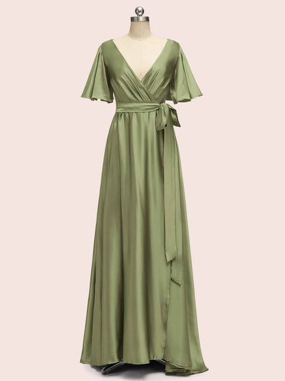 Elegant V-Neck A-Line Long Soft Satin Short Sleeve Bridesmaid Dresses