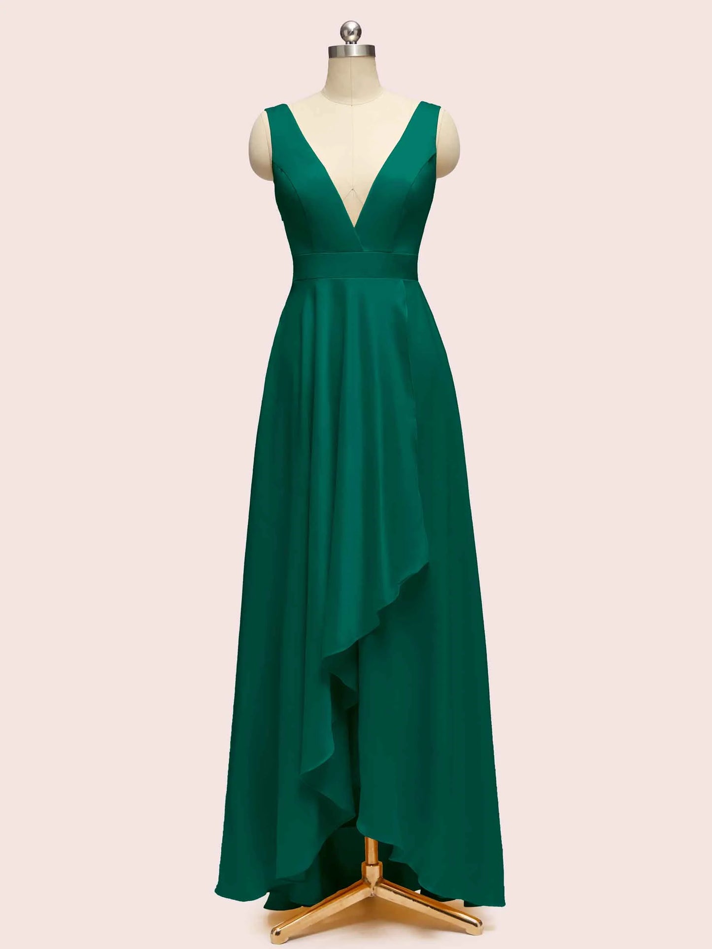 High Low Sleeveless V-Neck A-Line Unique Soft Satin Bridesmaid Dresses Online