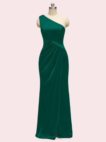 Elegant One Shoulder Long Soft Satin Mermaid Bridesmaid Dresses With Slit