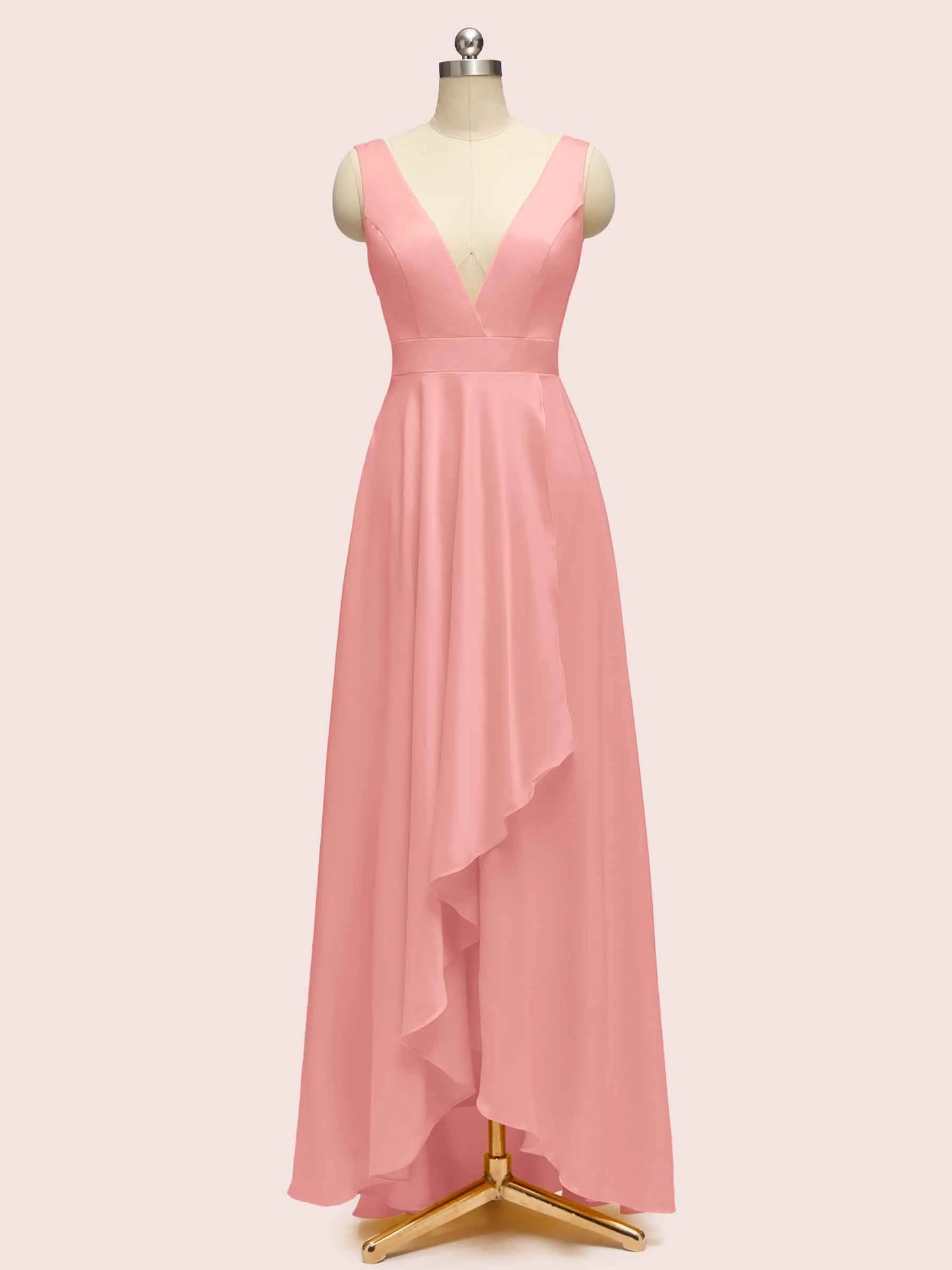 High Low Sleeveless V-Neck A-Line Unique Soft Satin Bridesmaid Dresses Online