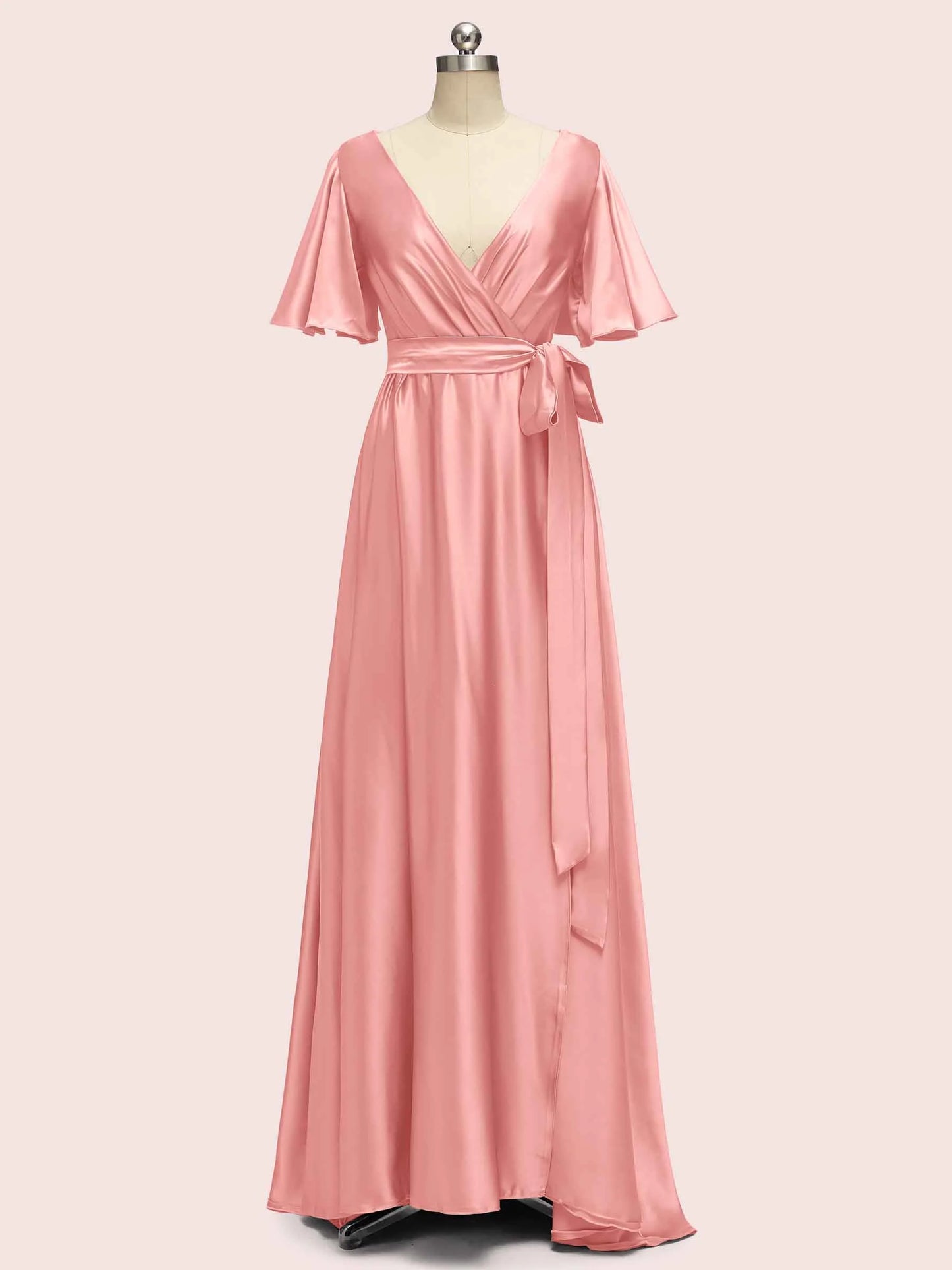 Elegant V-Neck A-Line Long Soft Satin Short Sleeve Bridesmaid Dresses