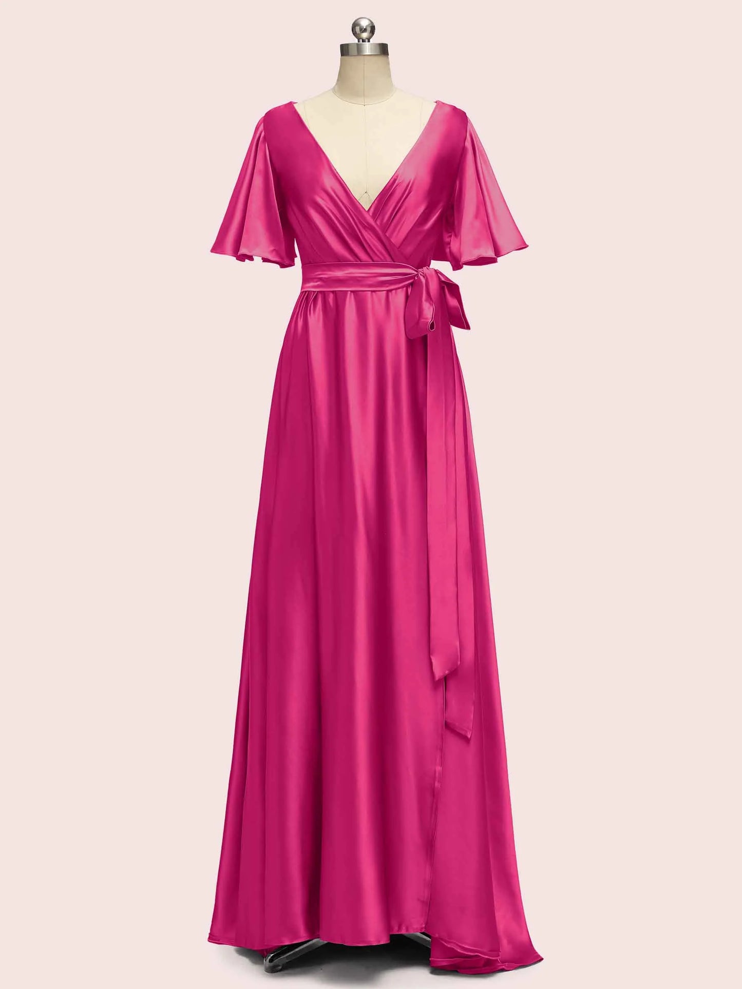 Elegant V-Neck A-Line Long Soft Satin Short Sleeve Bridesmaid Dresses