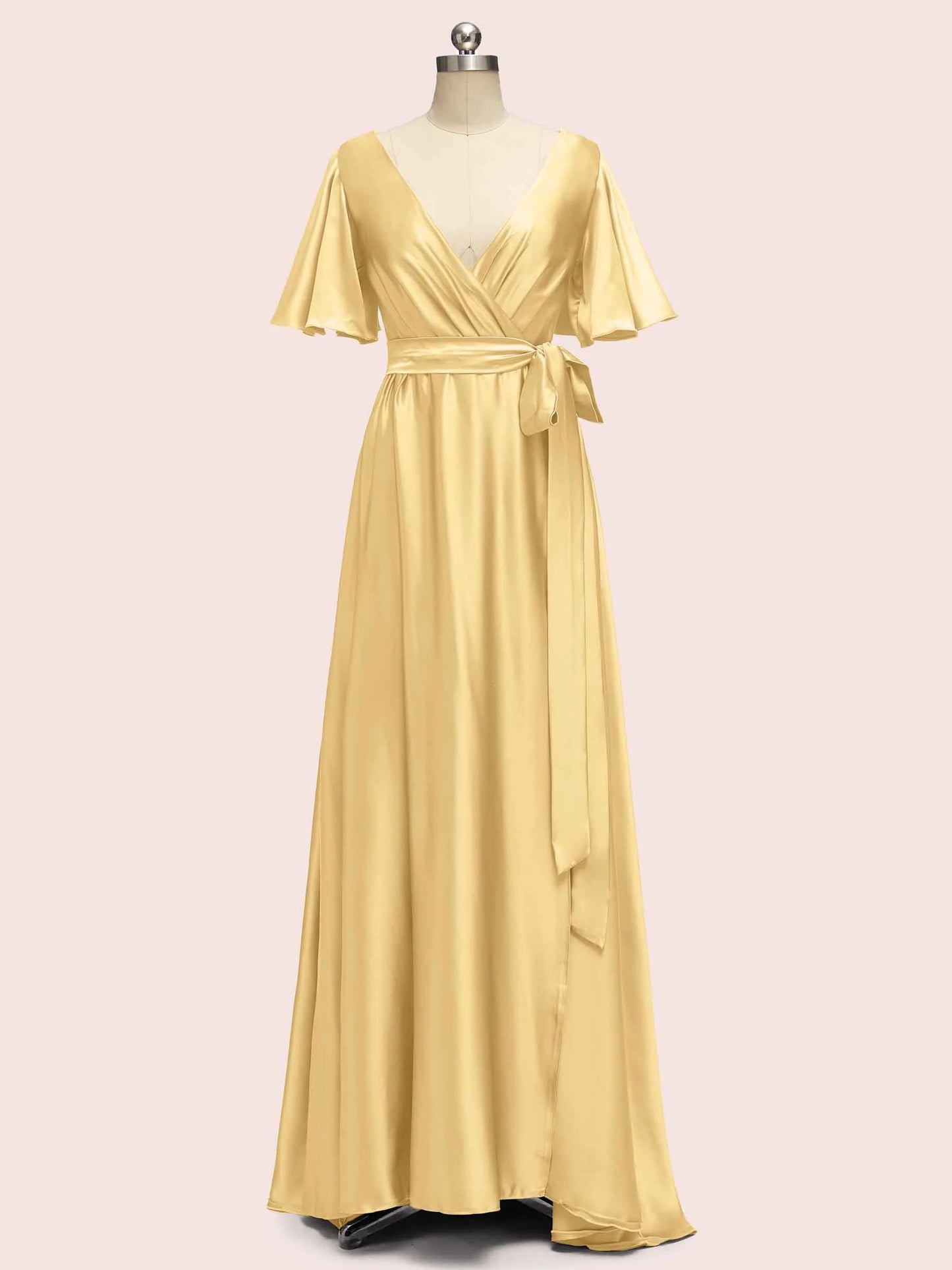 Elegant V-Neck A-Line Long Soft Satin Short Sleeve Bridesmaid Dresses