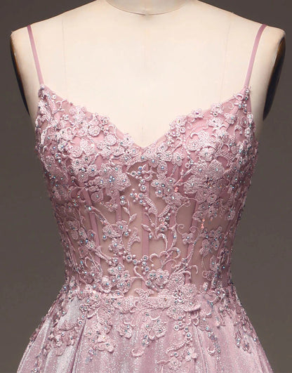 Pretty Blush A-Line Spaghetti Straps Long Glitter Prom Dress