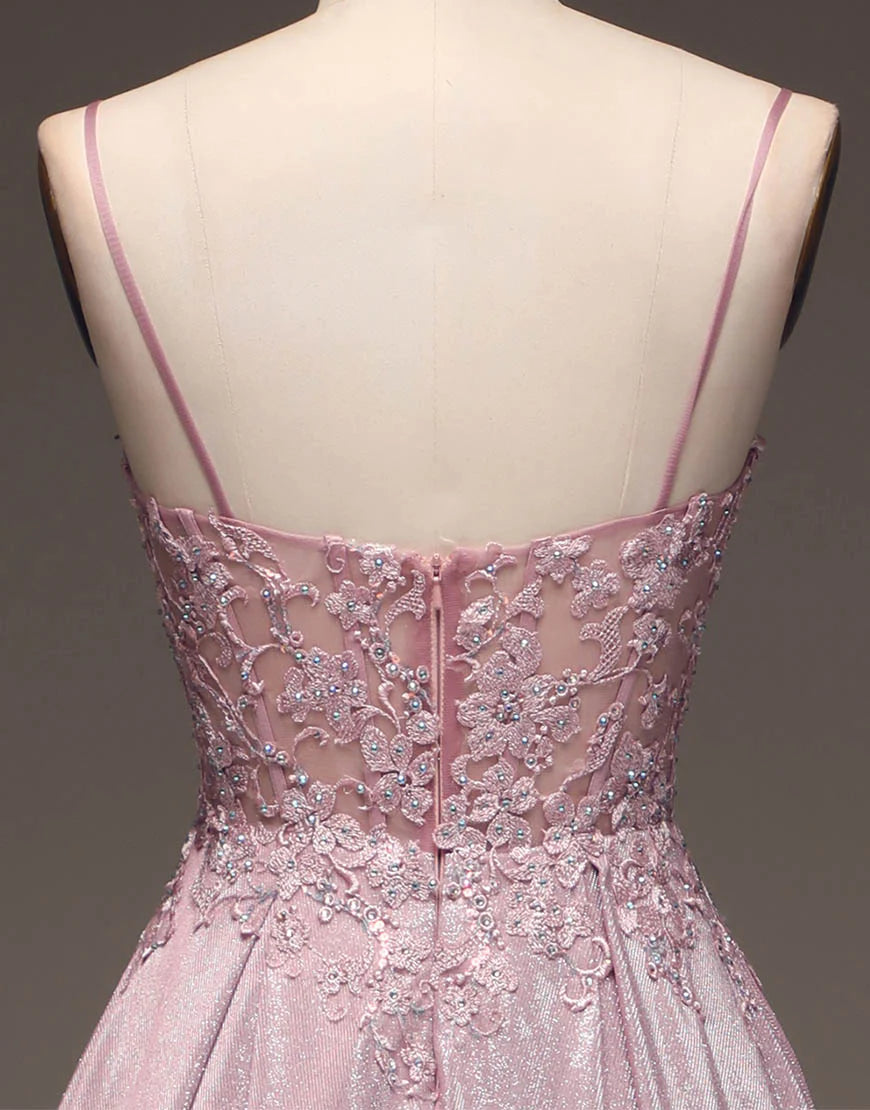 Pretty Blush A-Line Spaghetti Straps Long Glitter Prom Dress