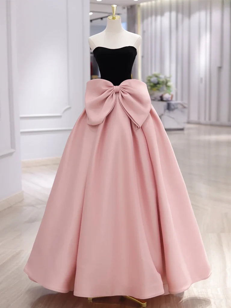 A-Line Sweetheart Neck Satin Velvet Quinceanera Dress Pink Long Prom Dress