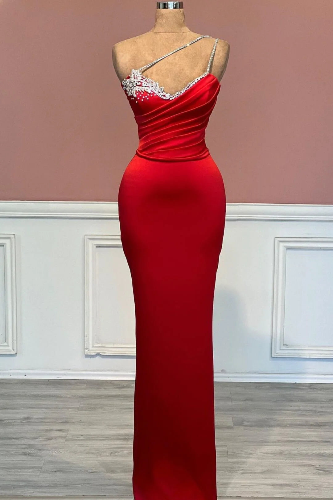 Red One Shoulder Glitter Evening Dresses Mermaid Sleeveless With Beads