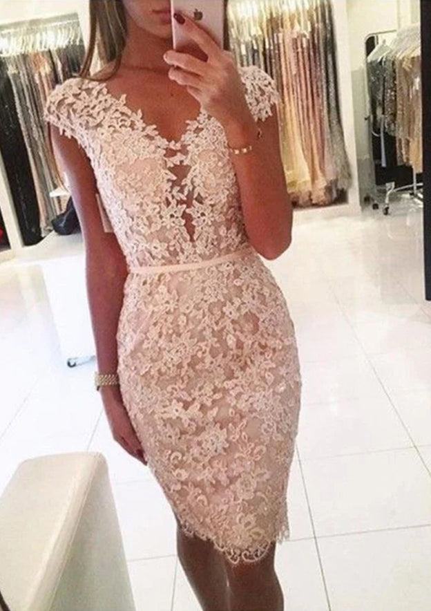 Sheath/Column V Neck Sleeveless Lace Knee-Length Homecoming Dress With Beading