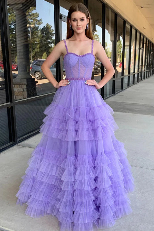 Lilac Sweetheart Ruffle Tulle A-Line Long Prom Dresses with Beading